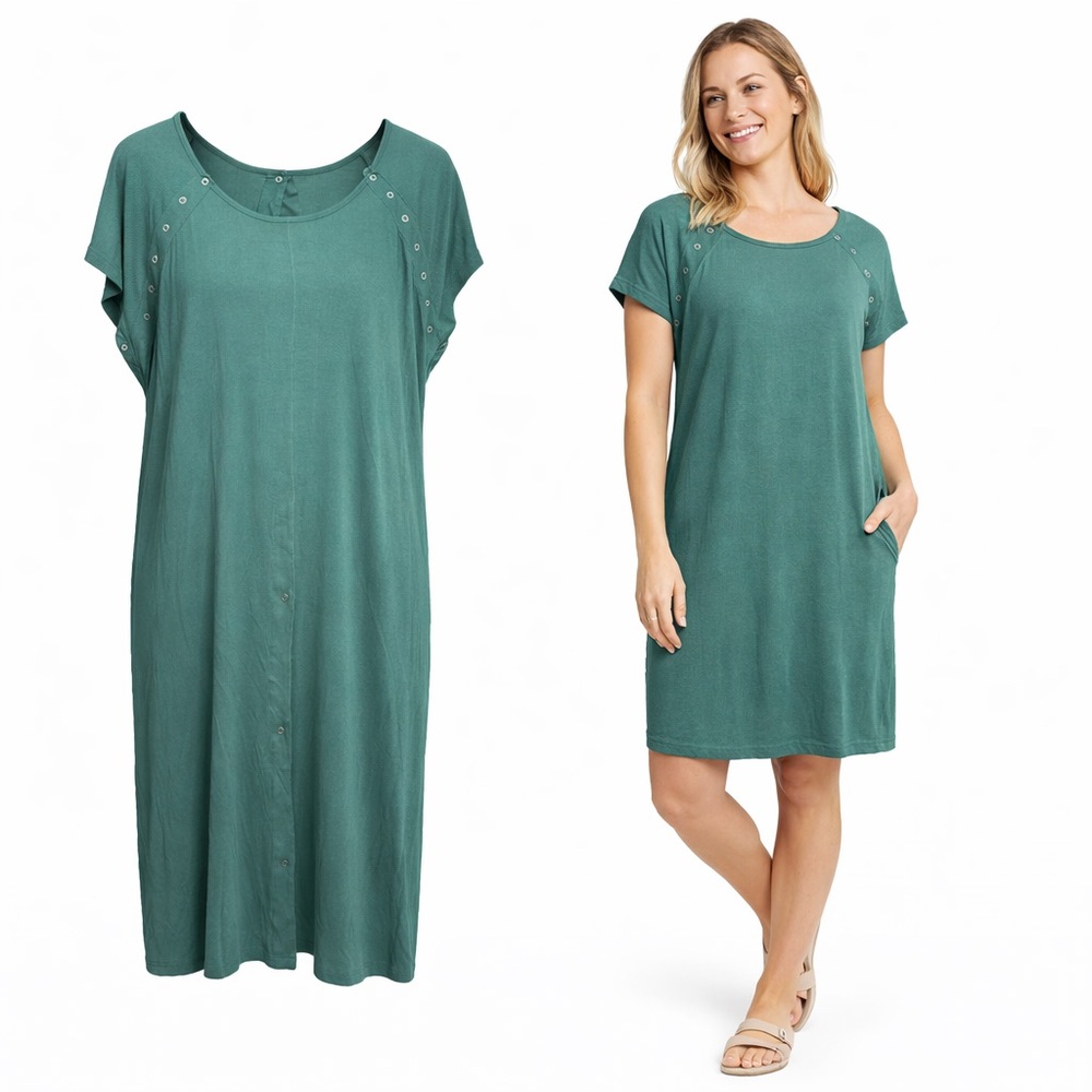 Three Little Tots Green Modal Hospital Dress | Snap Shoulder Detail